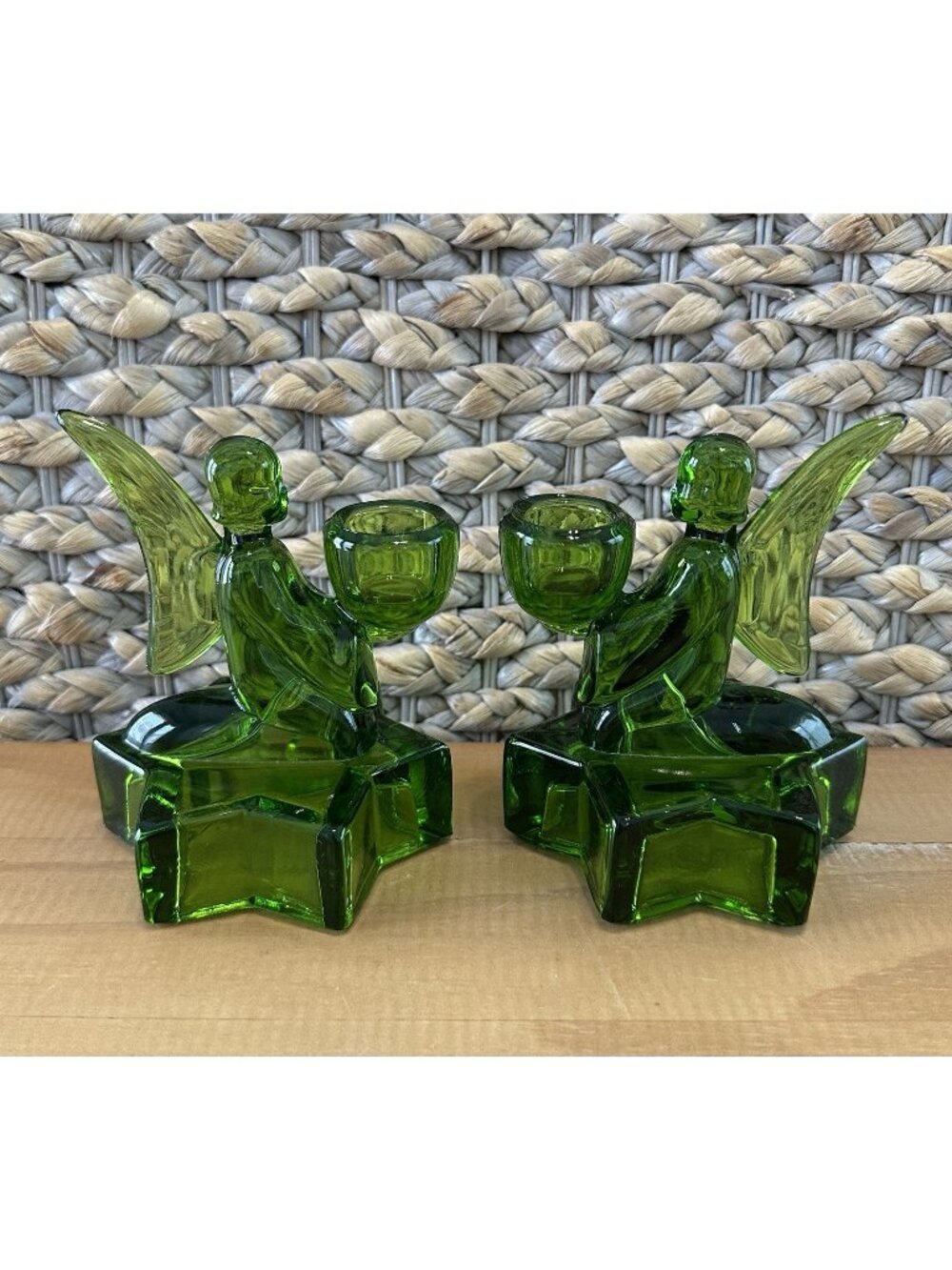 2 LE Smith Kneeling Angel Candlestick Holder Green Glass Star 4.75” Cottagecore